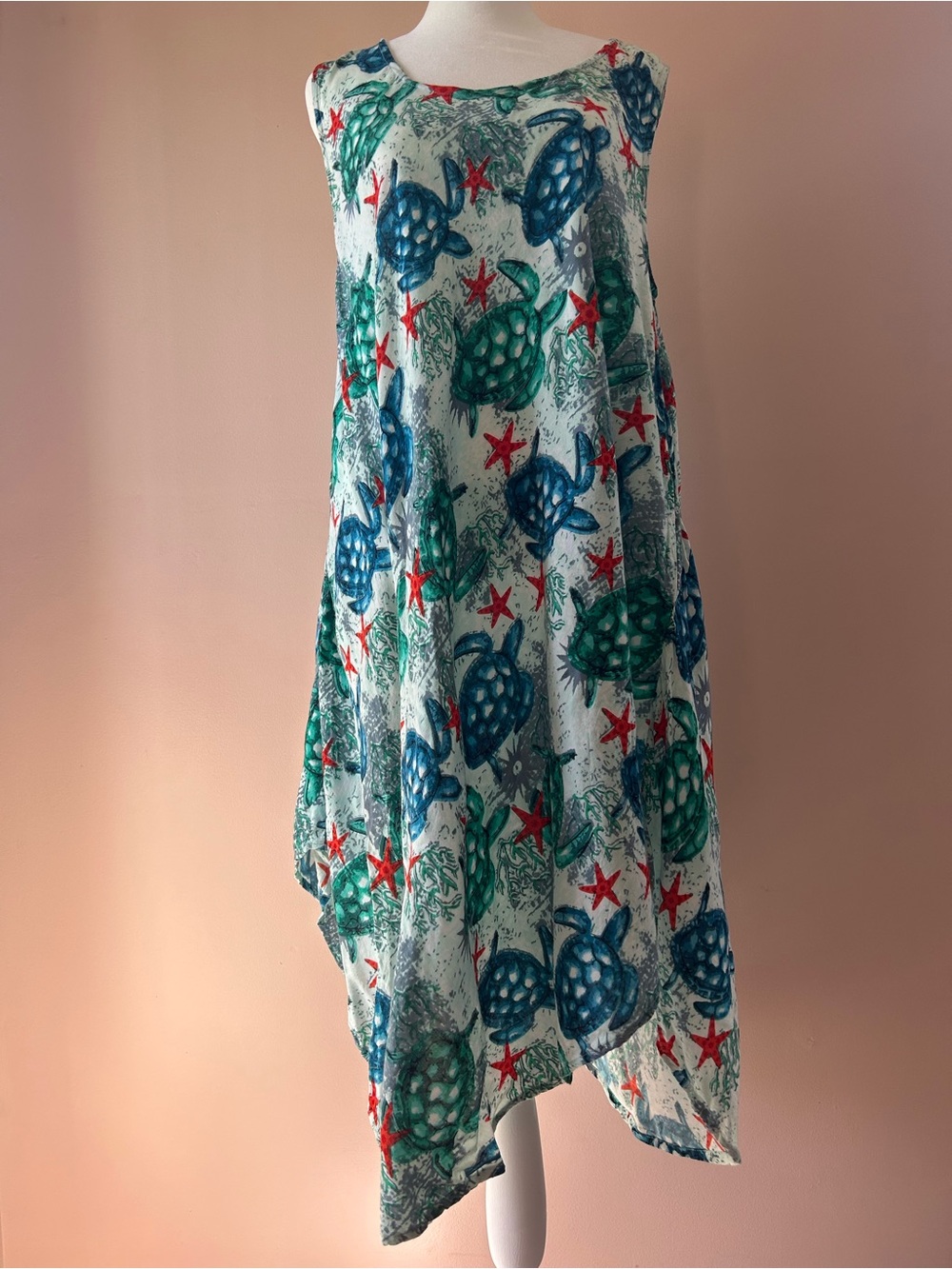 Advance Sea Turtle & Starfish Print Sleeveless Beach Dress w/ pockets S/M